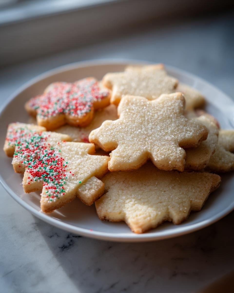 A plate of star and tree-shaped diabetic friendly Christmas cookies, some sprinkled with sugar and others with festive red, green, and white sprinkles.