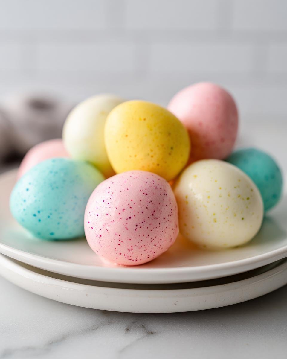 A close-up of pastel-colored Easter Egg Oreo Cookie Balls piled on a white plate.
