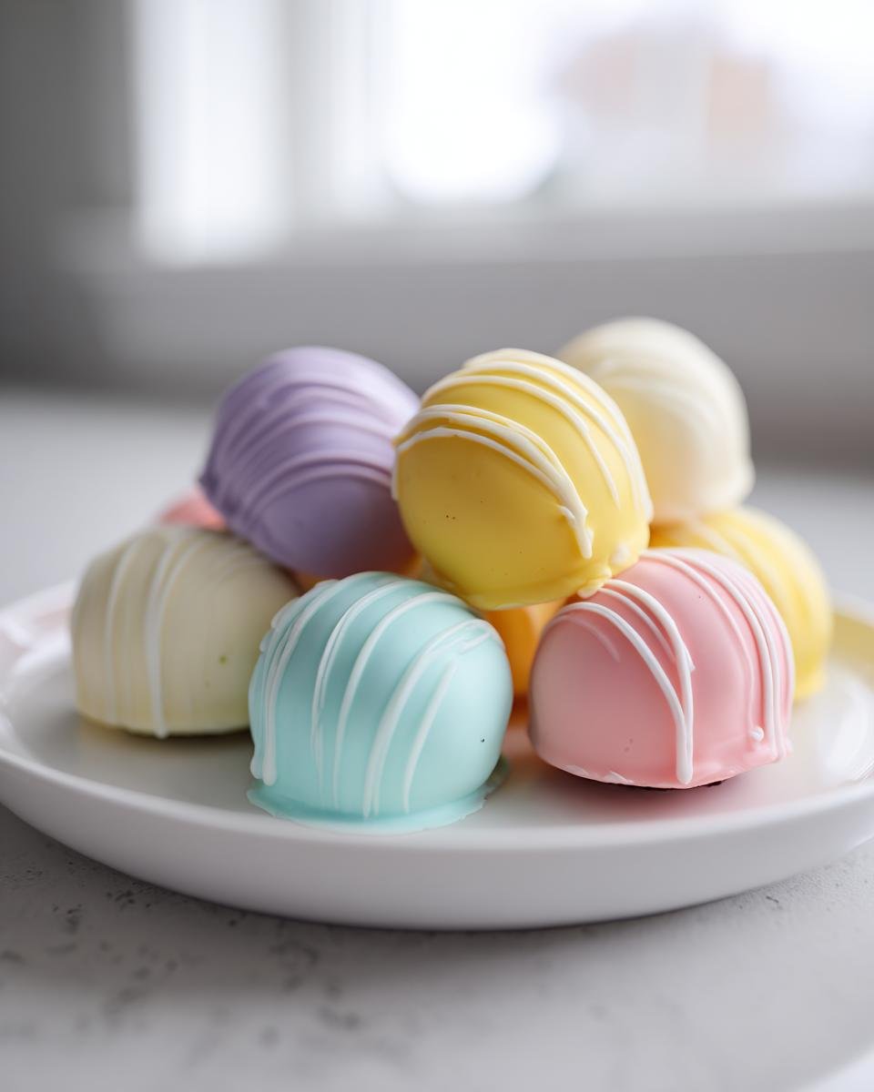 A pile of colorful Easter Egg Oreo Cookie Balls, drizzled with white chocolate, on a white plate.