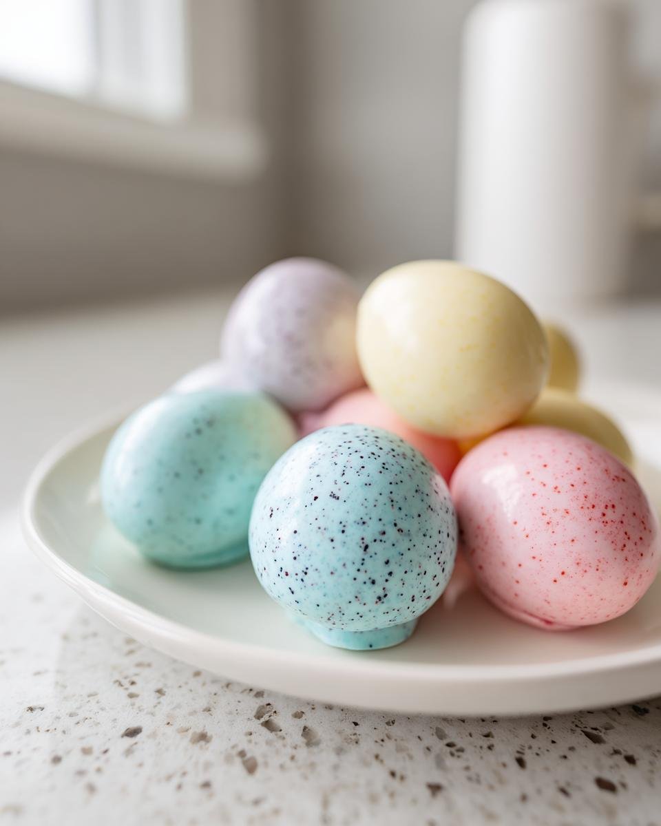 A pile of pastel-colored Easter Egg Oreo Cookie Balls with speckles on a white plate.