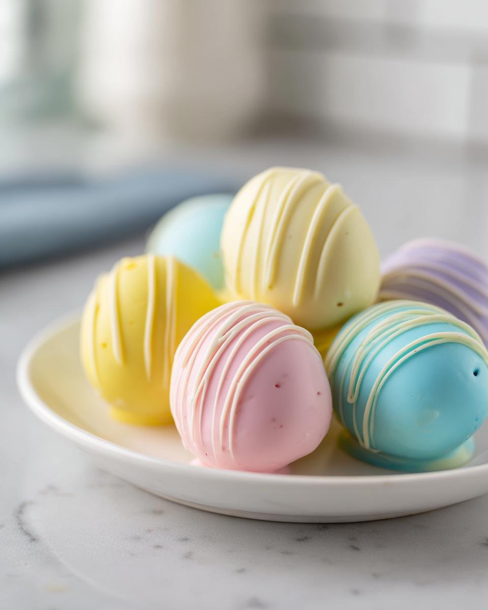 A close-up of pastel-colored Easter Egg Oreo Cookie Balls drizzled with white chocolate.