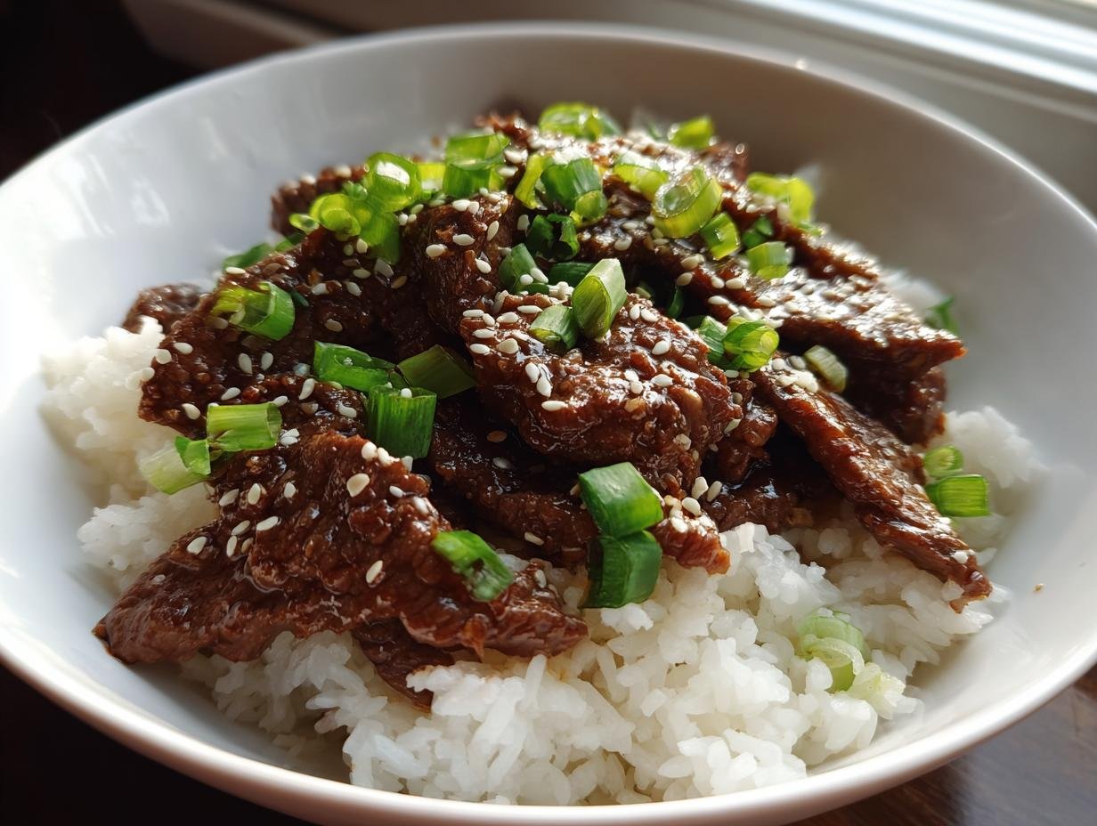 A bowl of fluffy white rice topped with tender slices of Easy Beef Teriyaki, garnished with sesame seeds and chopped green onions.