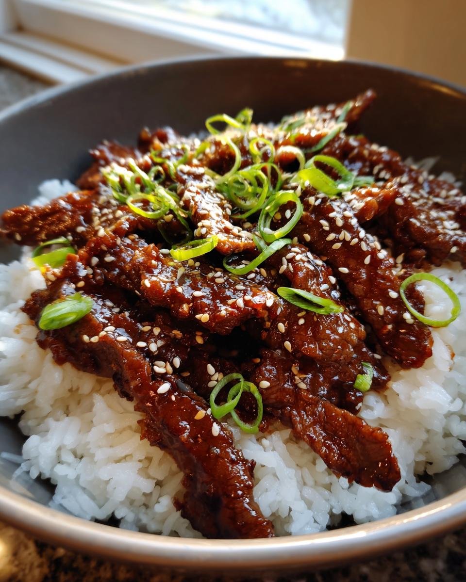 A close-up of a bowl filled with fluffy white rice topped with glossy Easy Beef Teriyaki and garnished with sesame seeds and green onions.