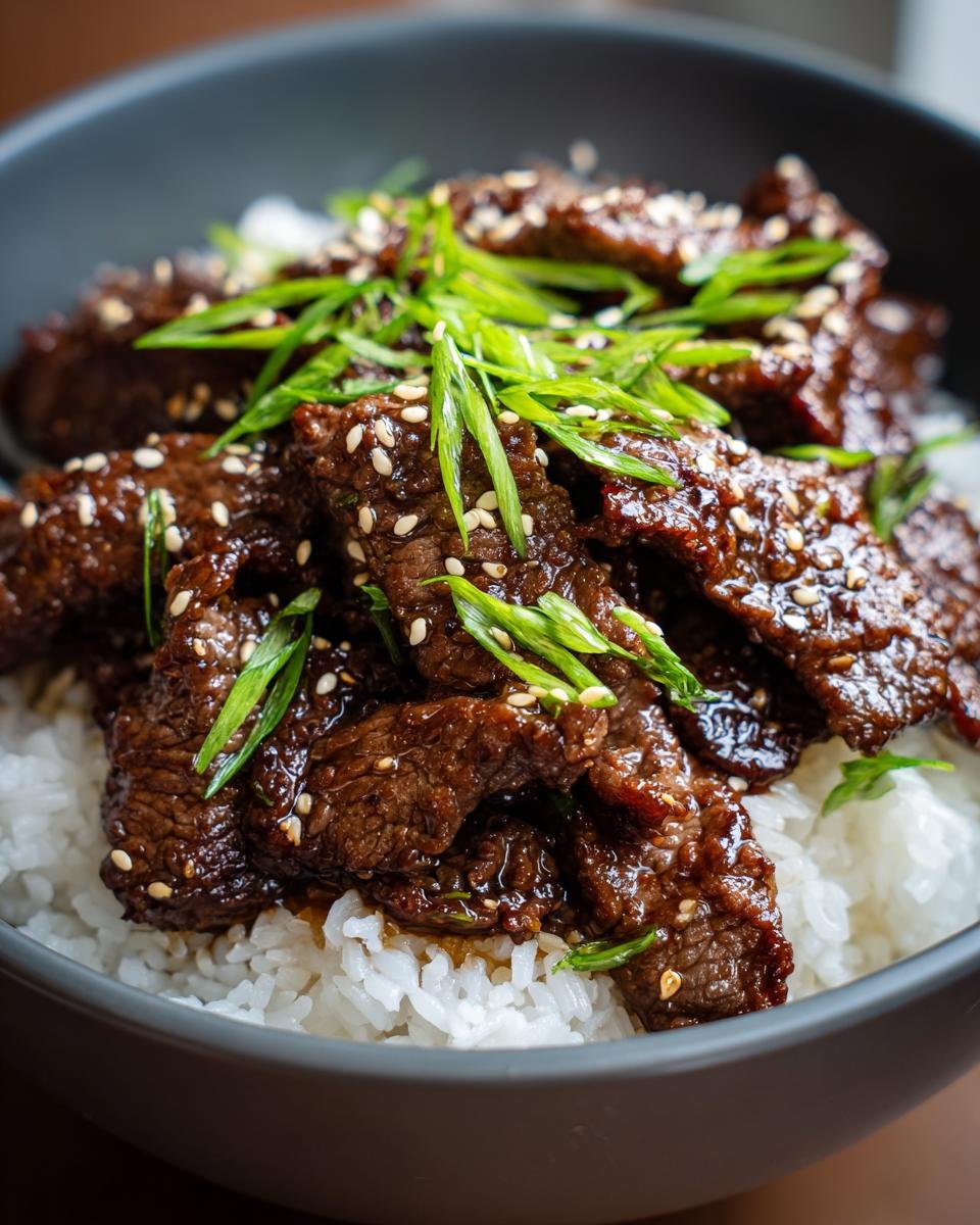 A close-up of a bowl filled with fluffy white rice topped with glossy Easy Beef Teriyaki and garnished with sesame seeds and green onions.