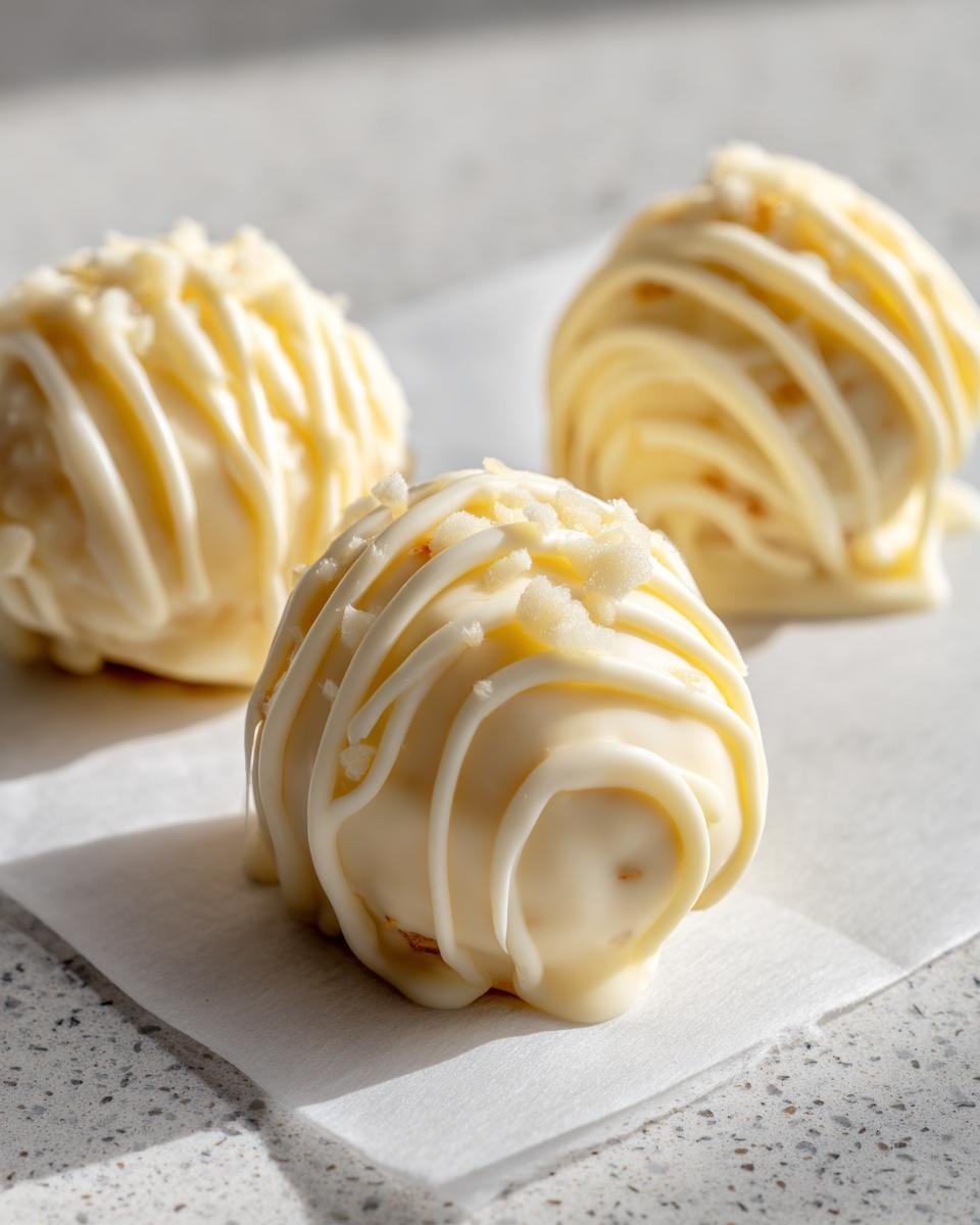 Three irresistible easy carrot cake truffles coated in white chocolate and drizzled with more white chocolate, topped with crumbs.
