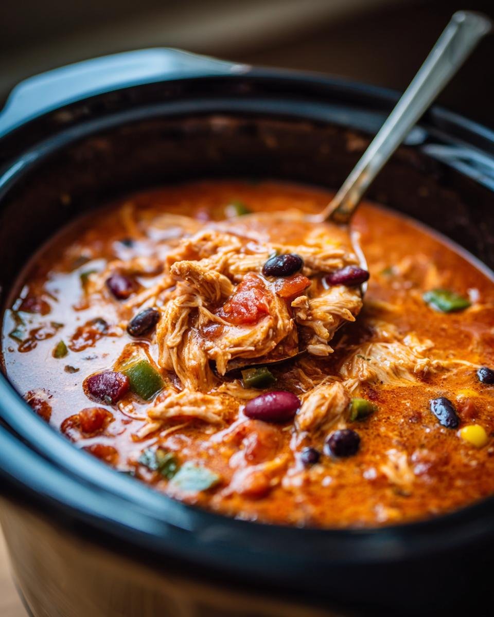 A spoonful of Easy Crock Pot Cream Cheese Chicken Chili Delight with shredded chicken, beans, and tomatoes.