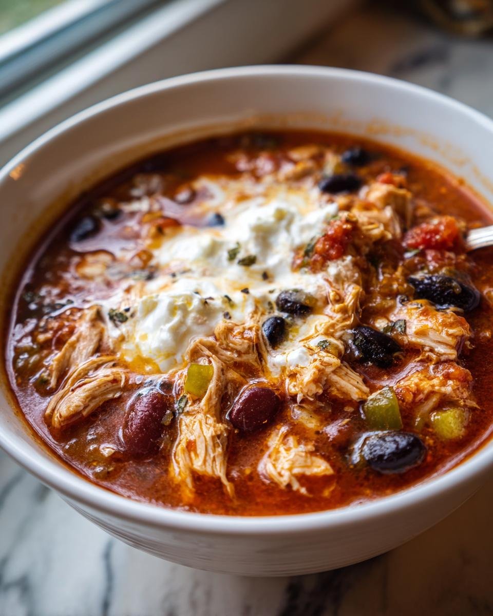 A close-up of a bowl of Easy Crock Pot Cream Cheese Chicken Chili Delight, topped with a dollop of cream cheese and herbs.