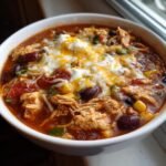 A close-up of a bowl of Easy Crock Pot Cream Cheese Chicken Chili Delight, topped with melted cheese and cream cheese.