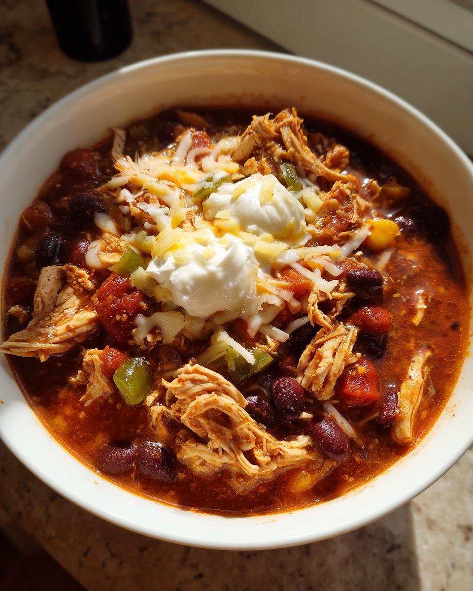 A hearty bowl of Easy Crock Pot Cream Cheese Chicken Chili Delight topped with shredded cheese and a dollop of sour cream.