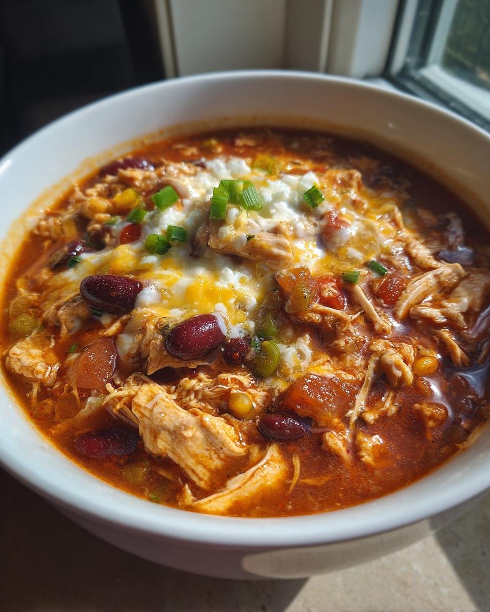 A close-up of a bowl filled with Easy Crock Pot Cream Cheese Chicken Chili Delight, topped with melted cheese, cream cheese, and green onions.