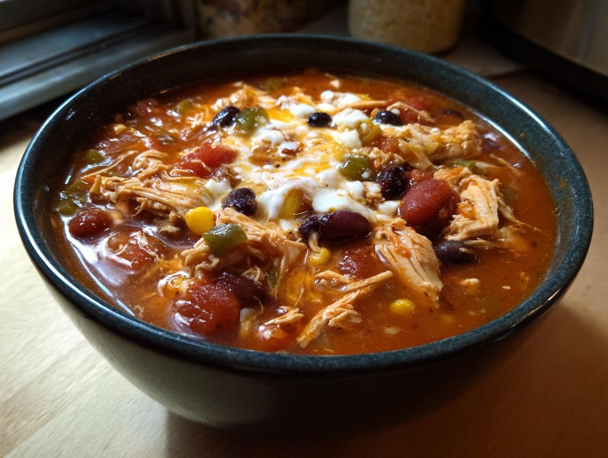 A bowl of Easy Crock Pot Cream Cheese Chicken Chili Delight topped with cream cheese, beans, and corn.