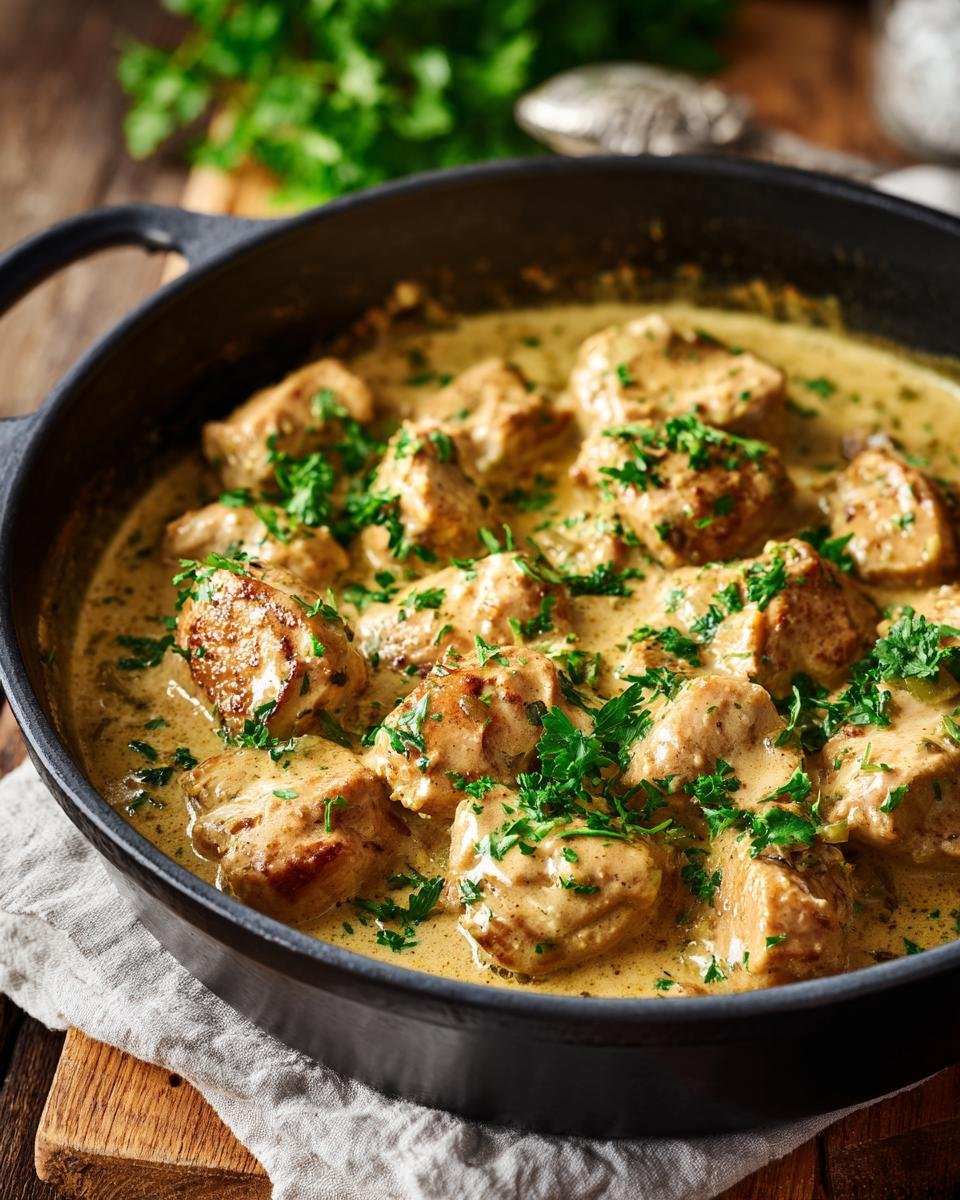 Close-up of tender chicken pieces in a creamy sauce, garnished with fresh parsley, for an easy gluten free dinner.