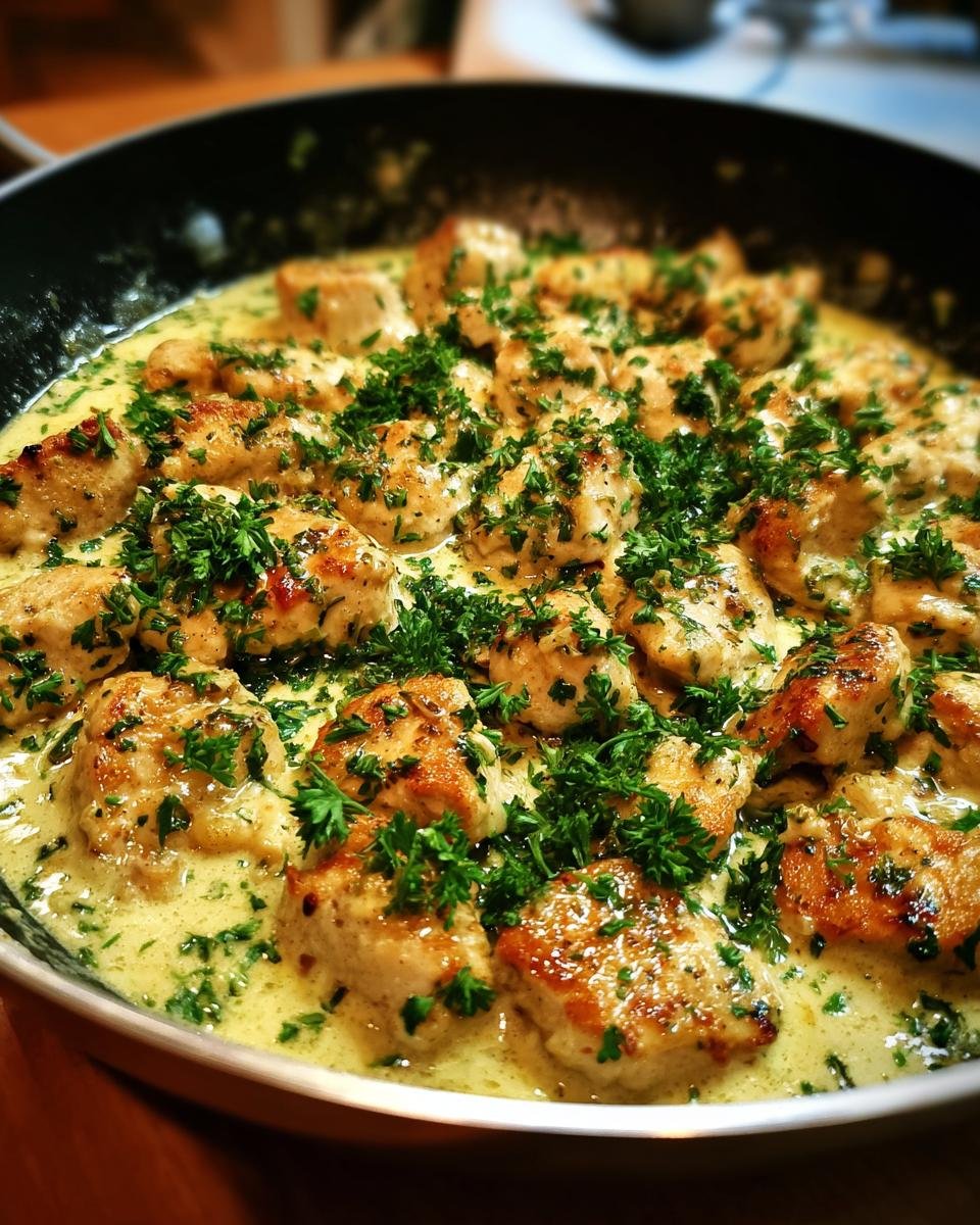 Close-up of tender, pan-fried chicken pieces in a creamy sauce, garnished with fresh parsley, for an easy gluten free dinner.