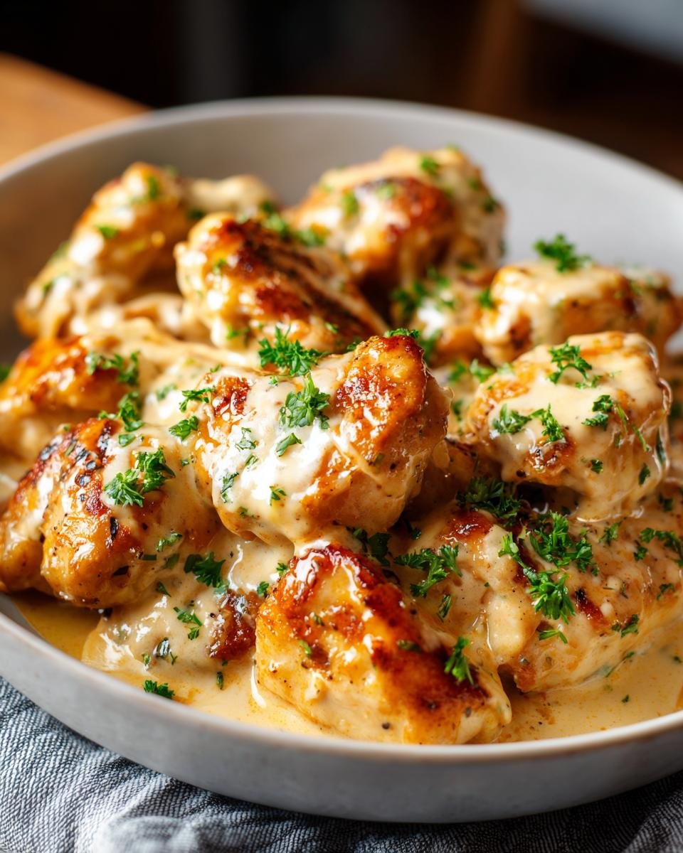 Close-up of tender, pan-seared chicken pieces coated in a creamy sauce, garnished with fresh parsley. An Easy Gluten Free Dinner.
