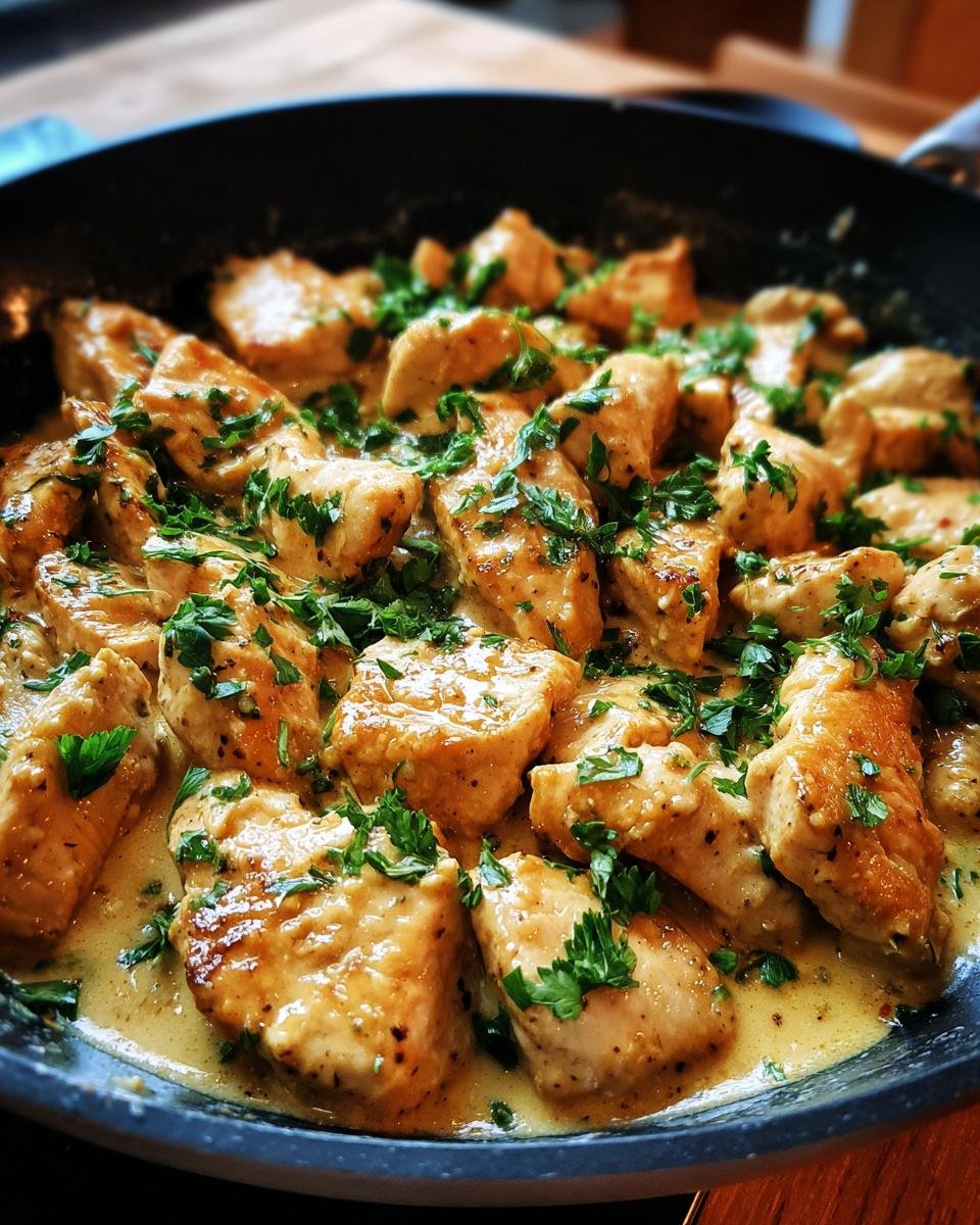 Close-up of tender chicken pieces in a creamy sauce, garnished with fresh parsley, for an Easy Gluten Free Dinner.
