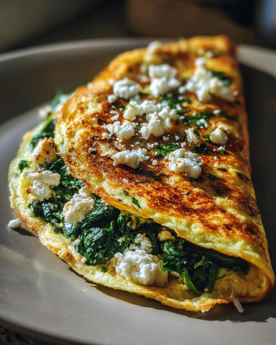 A folded omelet filled with spinach and crumbled feta cheese, perfect for an energizing high protein breakfast.