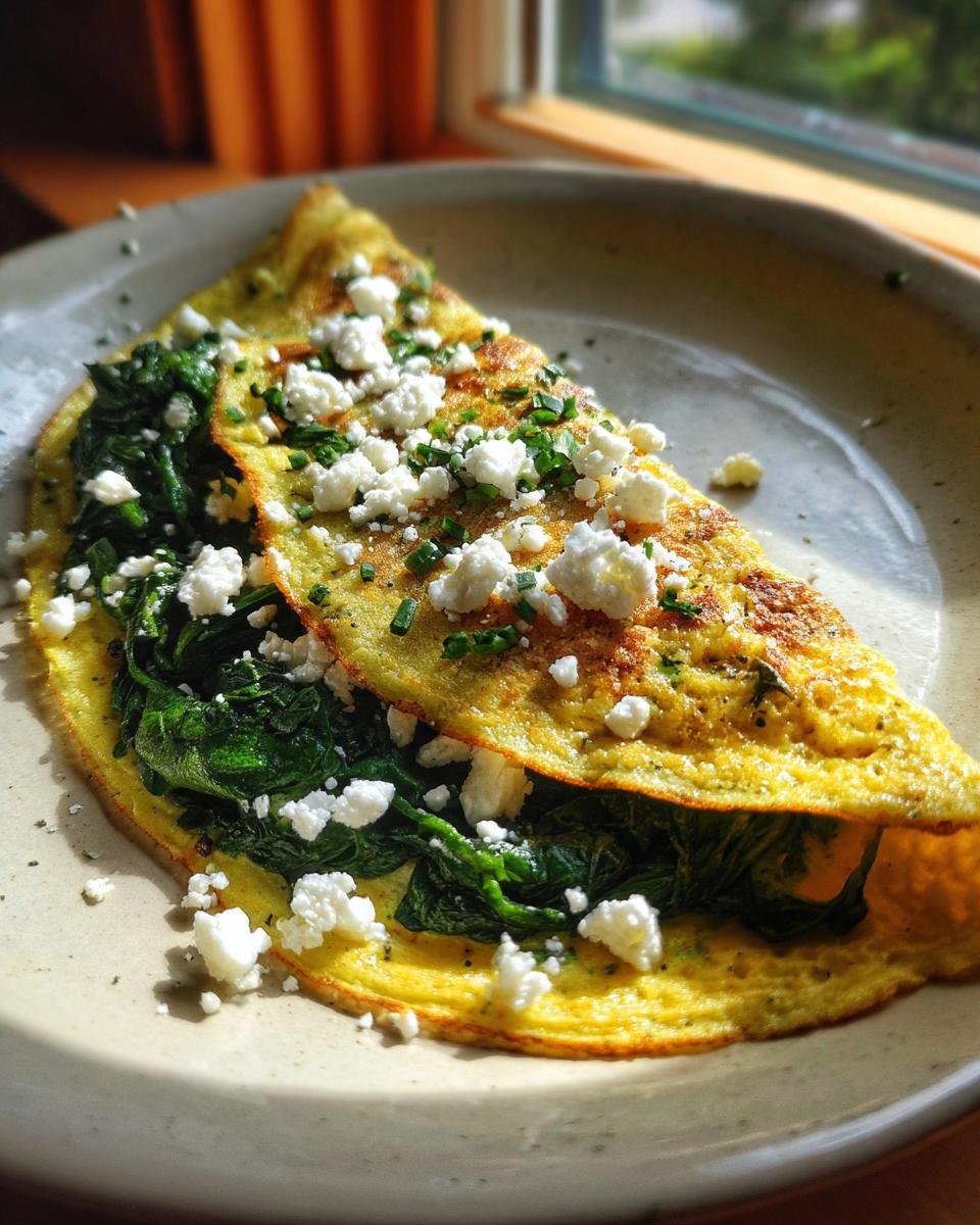 Close-up of an energizing high protein breakfast omelet filled with spinach and topped with feta cheese and chives.