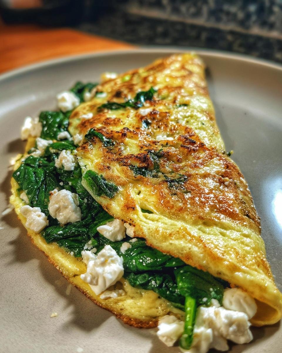 A folded omelette filled with spinach and feta cheese, an energizing high protein breakfast.