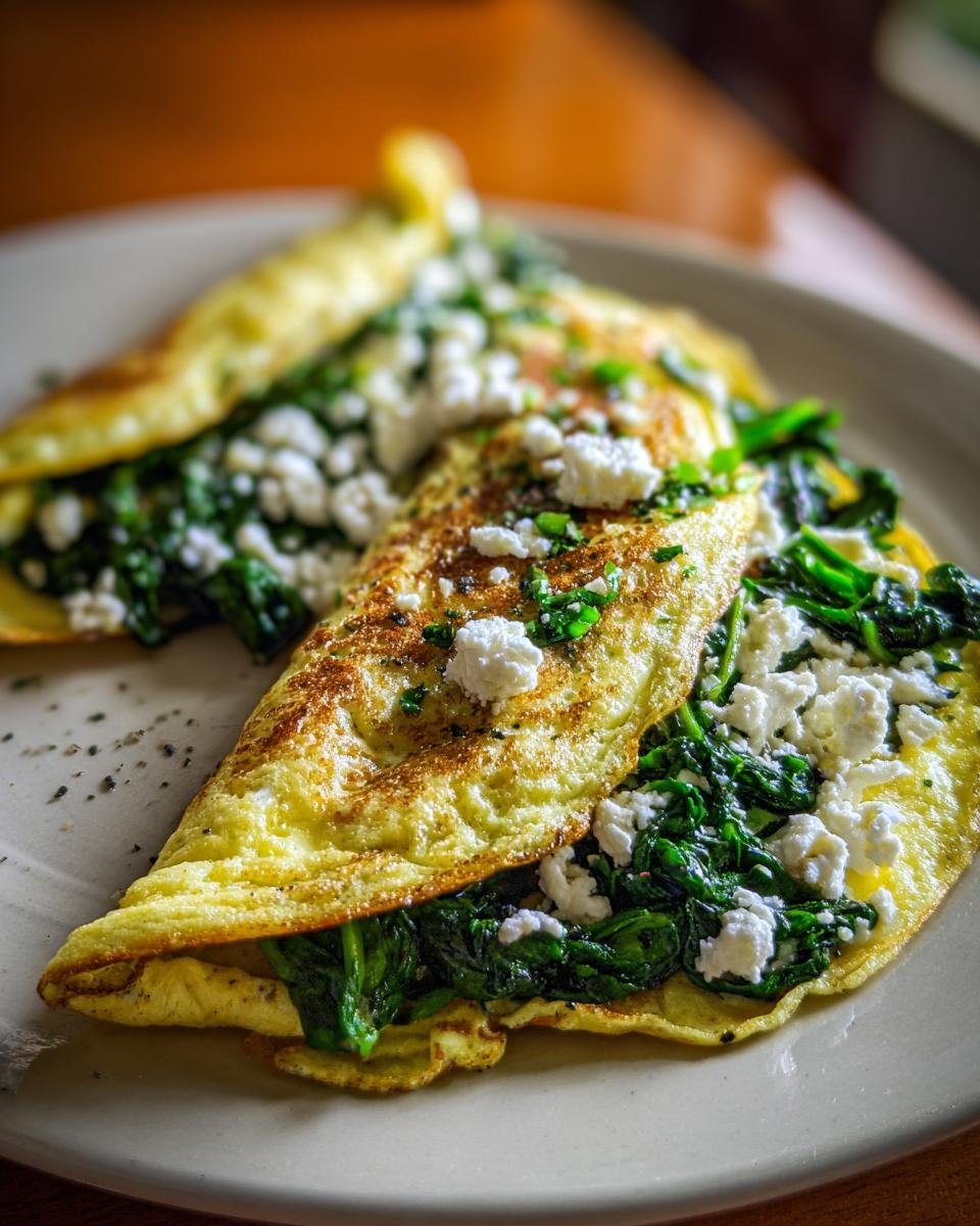 Close-up of an energizing high protein breakfast omelette filled with spinach and feta cheese.