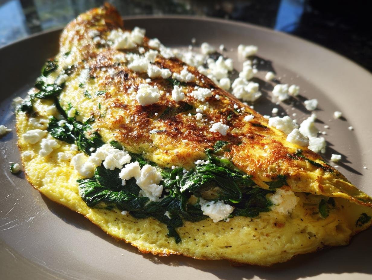 A folded omelette filled with spinach and topped with crumbled feta cheese, perfect for an energizing high protein breakfast.