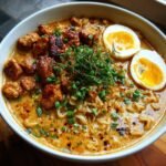 A bowl of Fiery Chicken Ramen with creamy garlic sauce, topped with grilled chicken, a soft-boiled egg, and green onions.