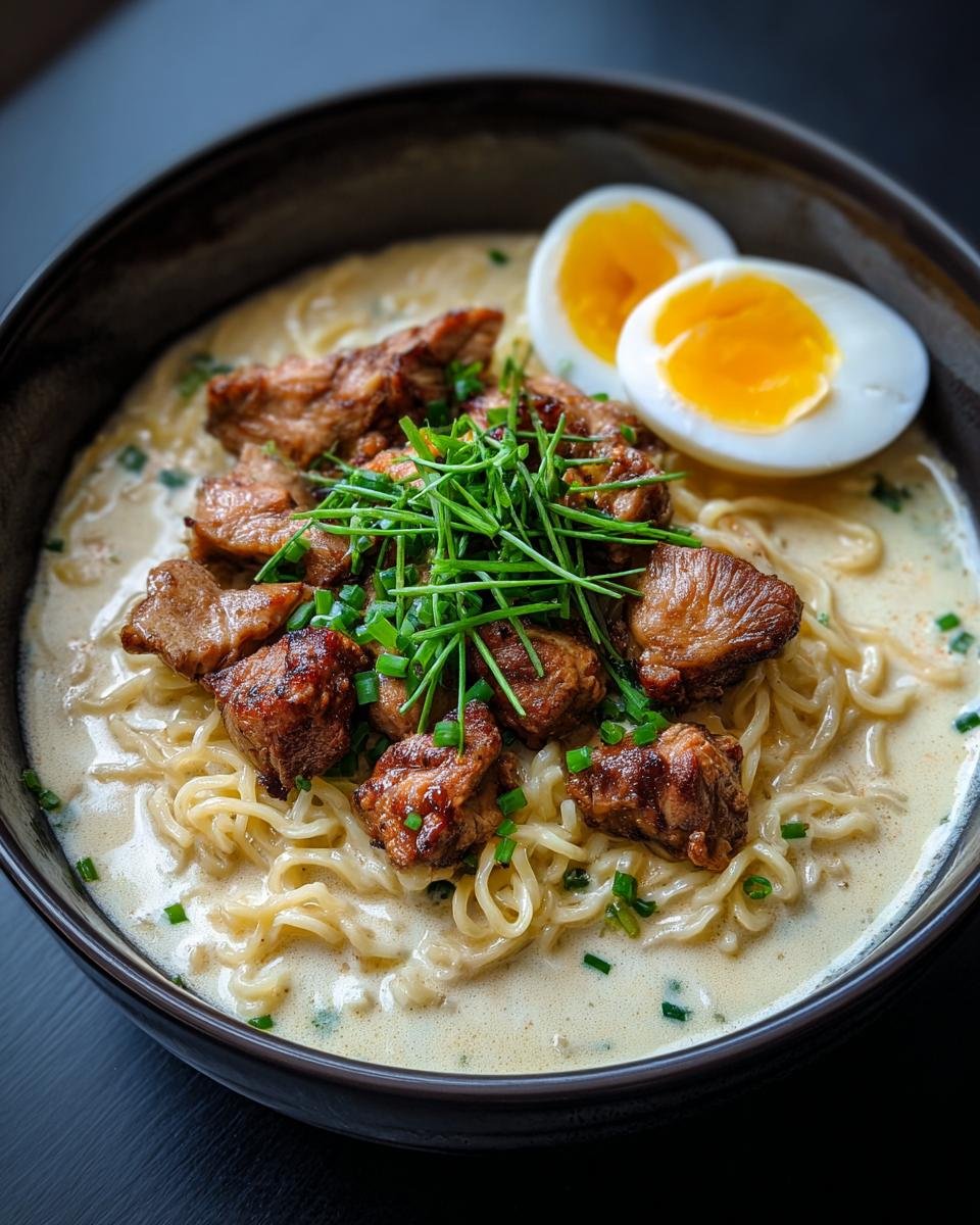 A bowl of Fiery Chicken Ramen With Creamy Garlic Sauce, topped with tender chicken pieces, a soft-boiled egg, and fresh chives.