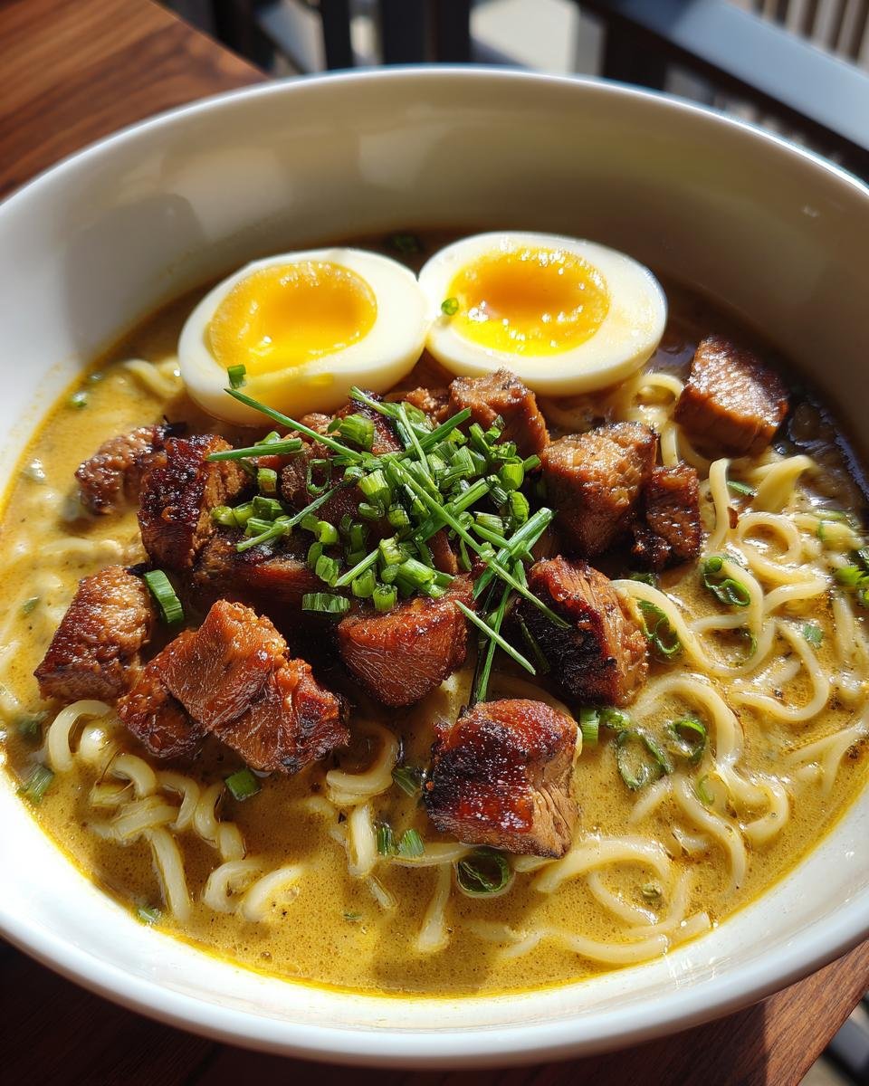 A bowl of Fiery Chicken Ramen With Creamy Garlic Sauce, topped with halved soft-boiled eggs, tender chicken pieces, and fresh chives.