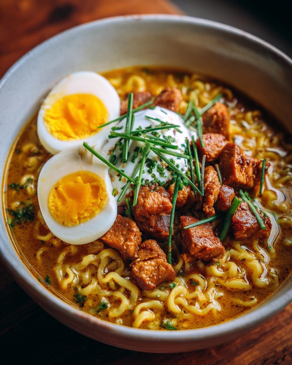 A bowl of Fiery Chicken Ramen with Creamy Garlic Sauce, topped with sliced eggs, chicken pieces, and chives.