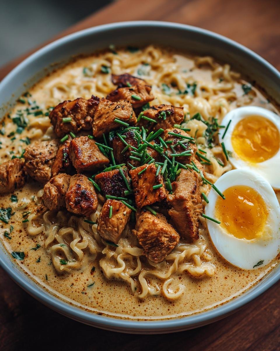 A bowl of Fiery Chicken Ramen With Creamy Garlic Sauce, topped with grilled chicken pieces and a soft-boiled egg.