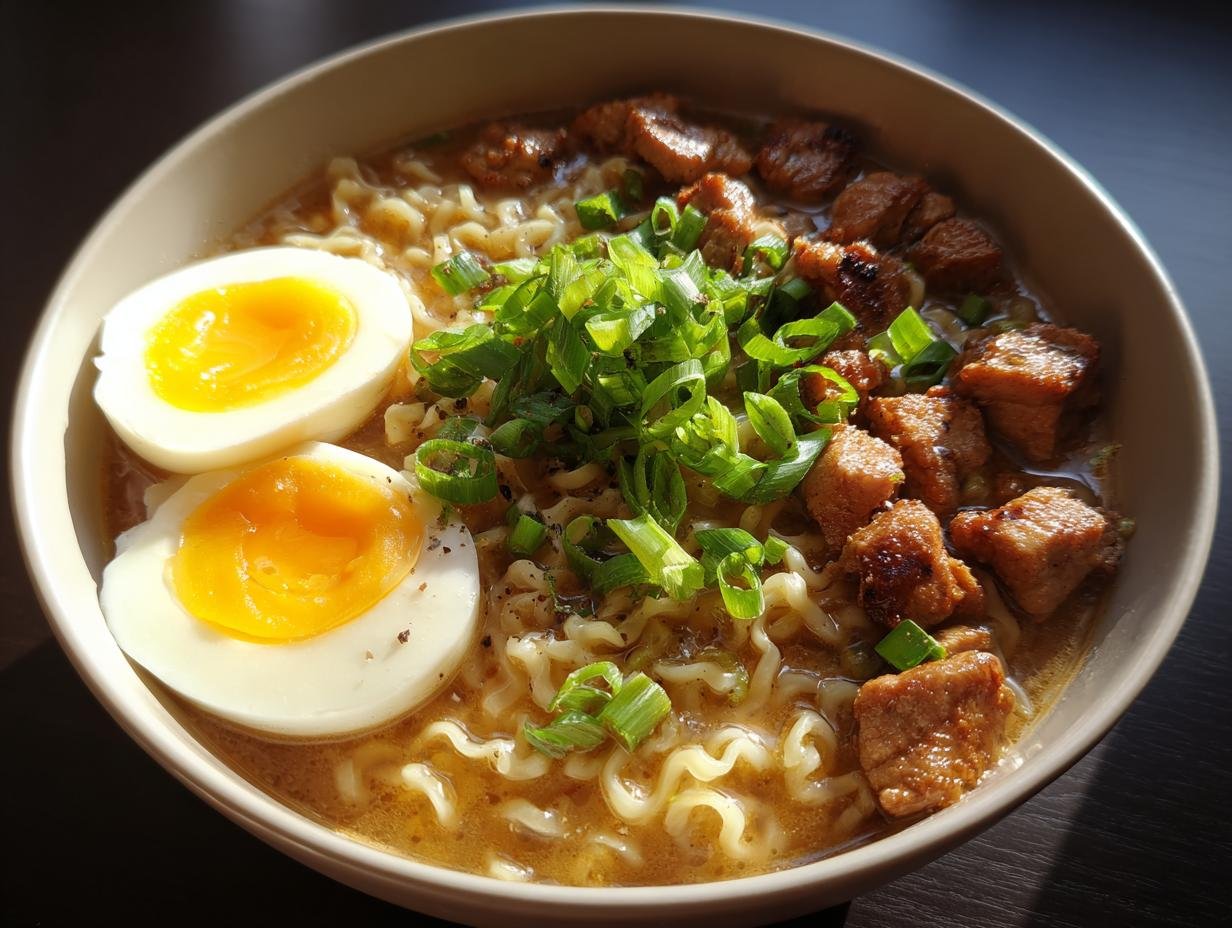 A bowl of Fiery Chicken Ramen With Creamy Garlic Sauce, featuring noodles, chicken pieces, soft-boiled eggs, and green onions.