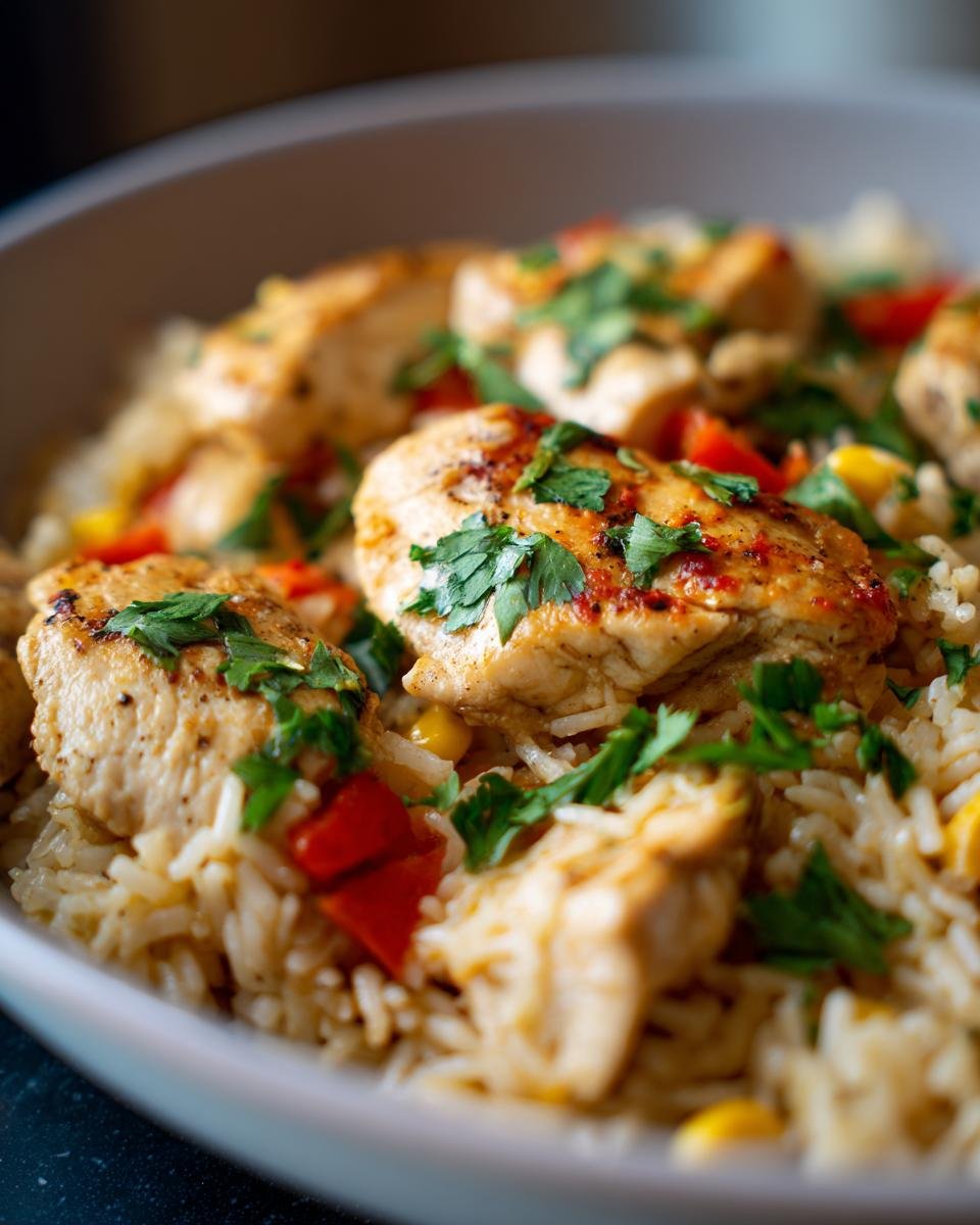 A close-up of a bowl filled with flavorful Mexican chicken and rice, garnished with fresh cilantro and red peppers.