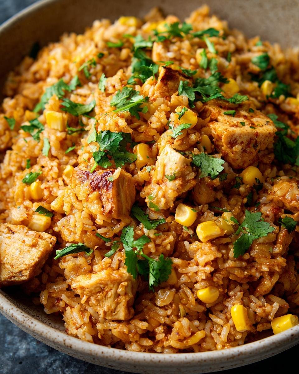 Close-up of a bowl filled with flavorful Mexican chicken and rice, mixed with corn and garnished with fresh cilantro.