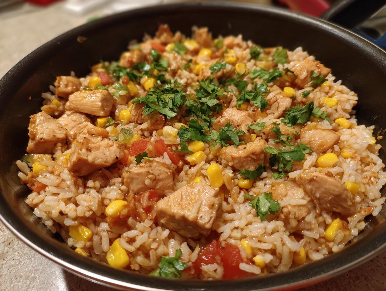 Close-up of a pan filled with flavorful Mexican chicken and rice, mixed with corn and tomatoes, and garnished with fresh cilantro.