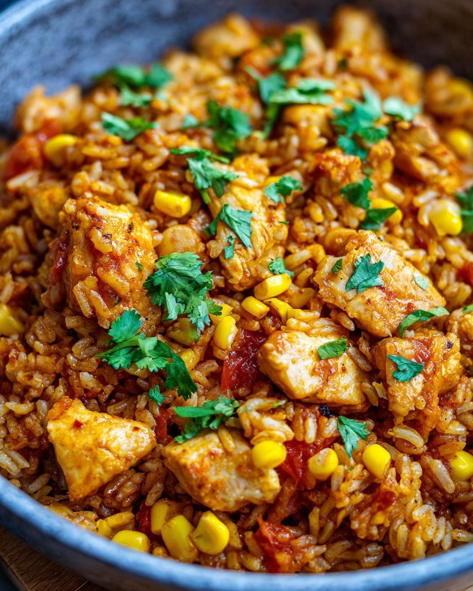 Close-up of a bowl of Flavorful Mexican Chicken and Rice, featuring tender chicken pieces, corn, and cilantro.