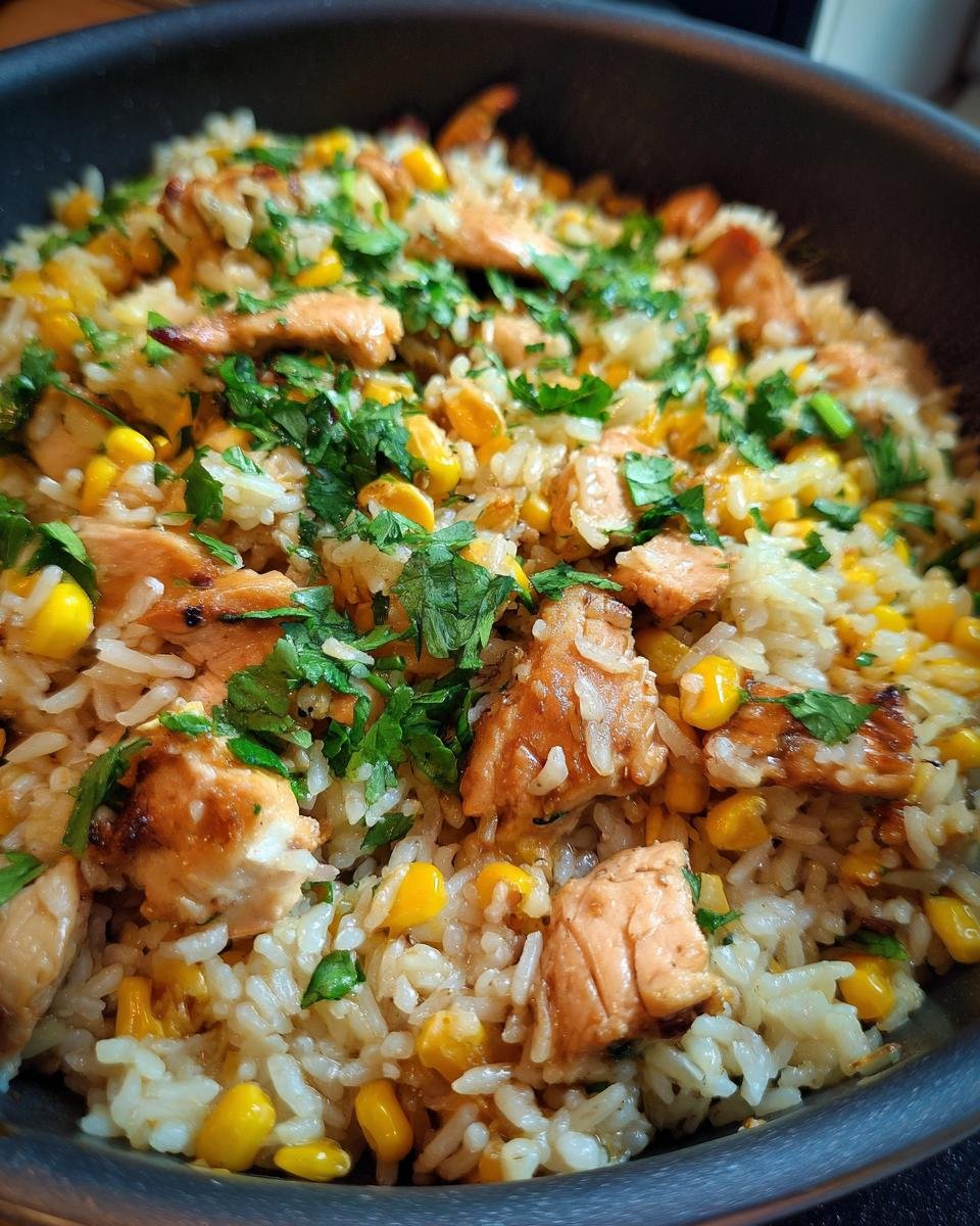 Close-up of a flavorful Mexican chicken and rice dish with corn and cilantro, perfect for a fiesta.