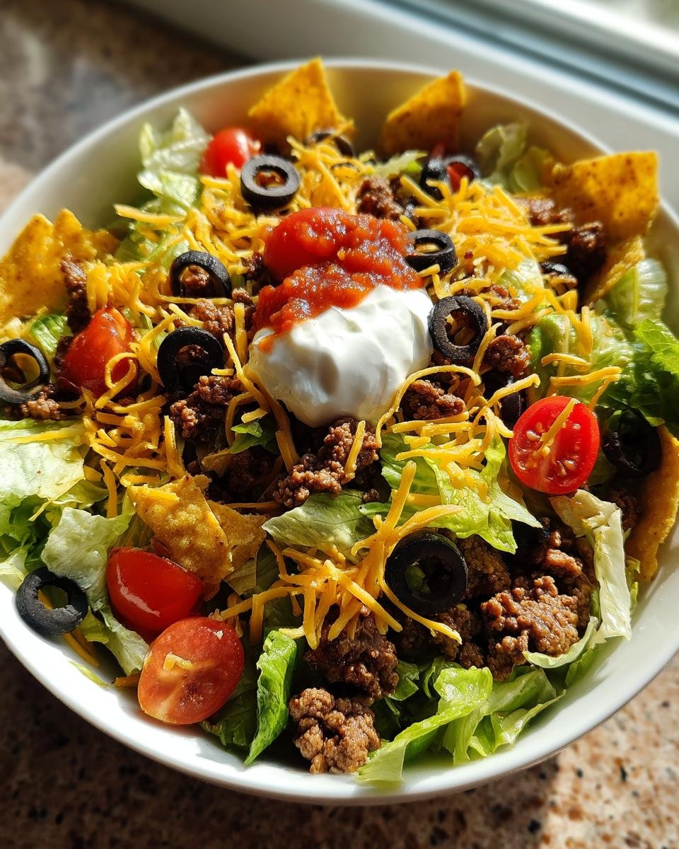 A delicious close-up of a Flavorful Taco Salad Recipe, packed with ground beef, lettuce, cheese, olives, tomatoes, and tortilla chips.