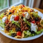 A vibrant and flavorful taco salad piled high with seasoned ground beef, shredded lettuce, cheese, tomatoes, olives, and sour cream.