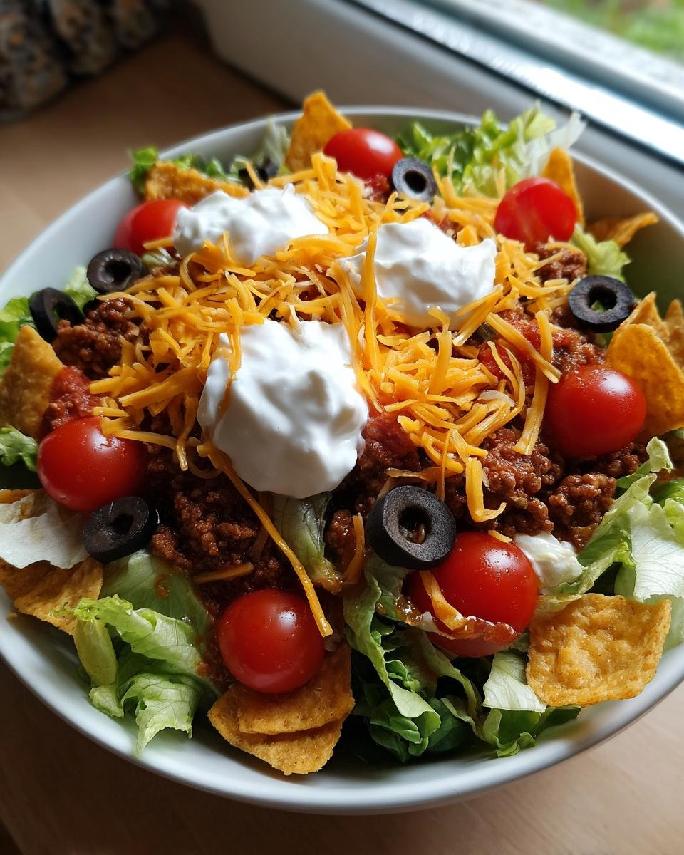 A close-up of a Flavorful Taco Salad Recipe with ground beef, lettuce, tomatoes, olives, cheese, and sour cream.