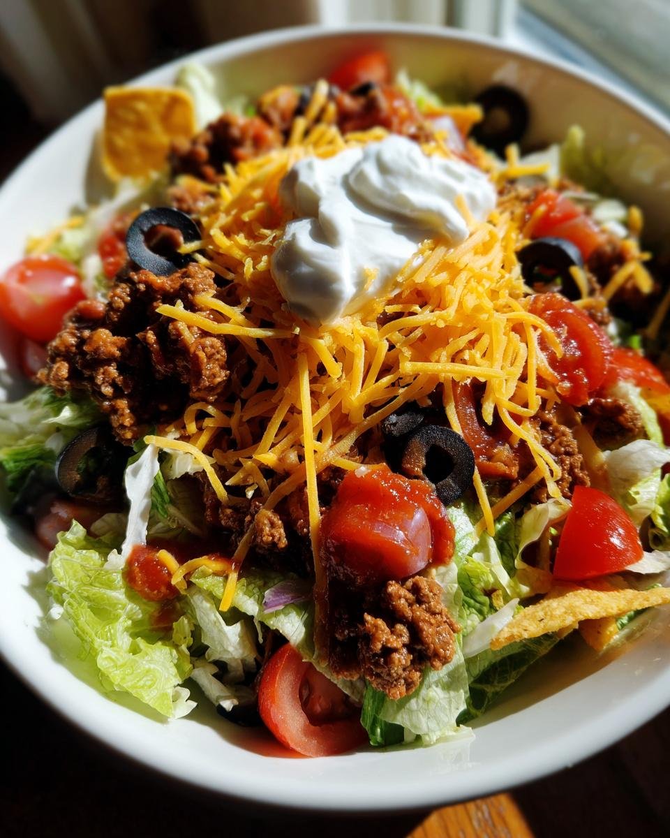 A close-up of a Flavorful Taco Salad Recipe, featuring seasoned ground beef, shredded cheese, lettuce, tomatoes, olives, and a dollop of sour cream.
