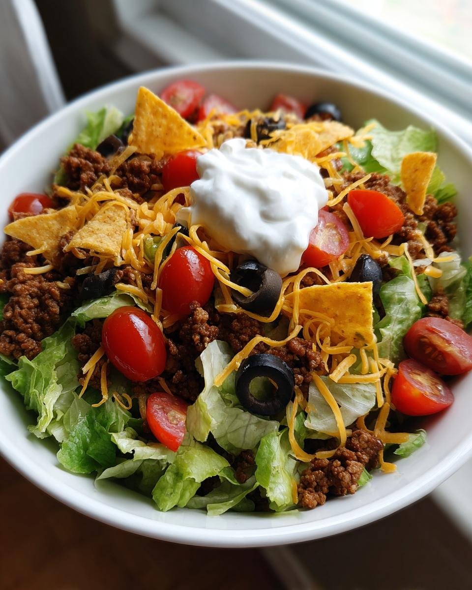 A close-up of a Flavorful Taco Salad Recipe, featuring lettuce, seasoned ground beef, tomatoes, olives, cheese, tortilla chips, and sour cream.