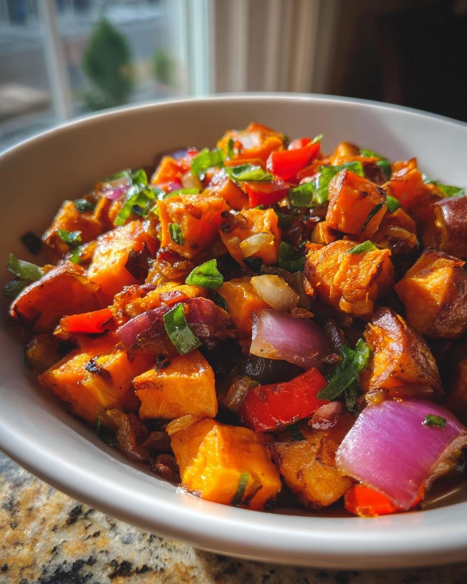 Close-up of a bowl filled with Flavorful Tex Mex Sweet Potato Hash, featuring diced sweet potatoes, red onion, and bell peppers, garnished with green onions.