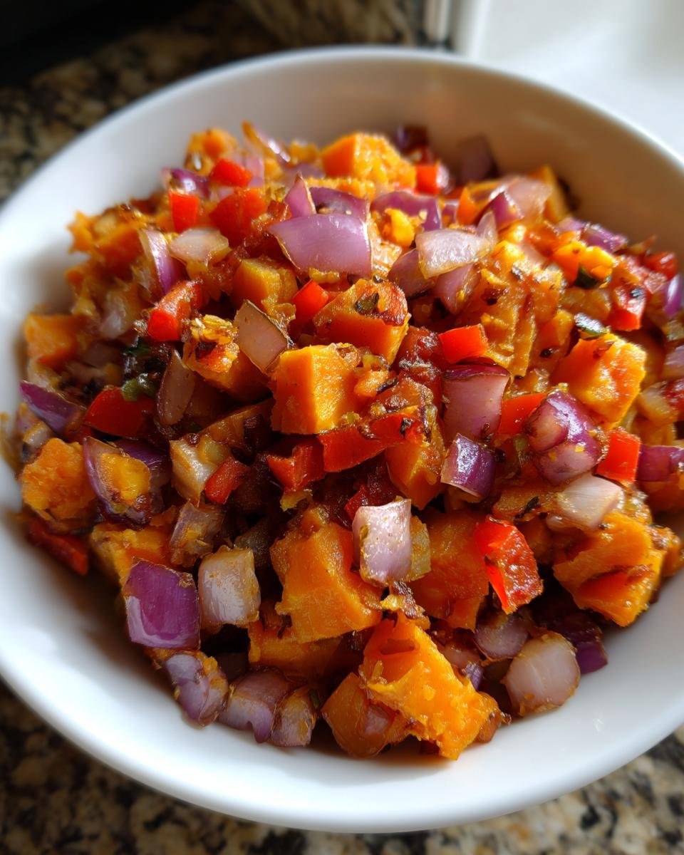 Close-up of a bowl filled with Flavorful Tex Mex Sweet Potato Hash, featuring diced sweet potatoes, red onion, and red bell peppers.