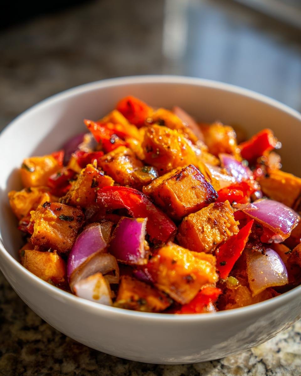 Close-up of a bowl filled with Flavorful Tex Mex Sweet Potato Hash, featuring cubed sweet potatoes, red onion, and red bell peppers.