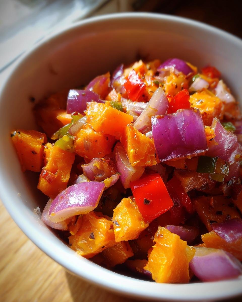 Close-up of a bowl filled with a colorful Flavorful Tex Mex Sweet Potato Hash, featuring diced sweet potatoes, red onions, and red bell peppers.