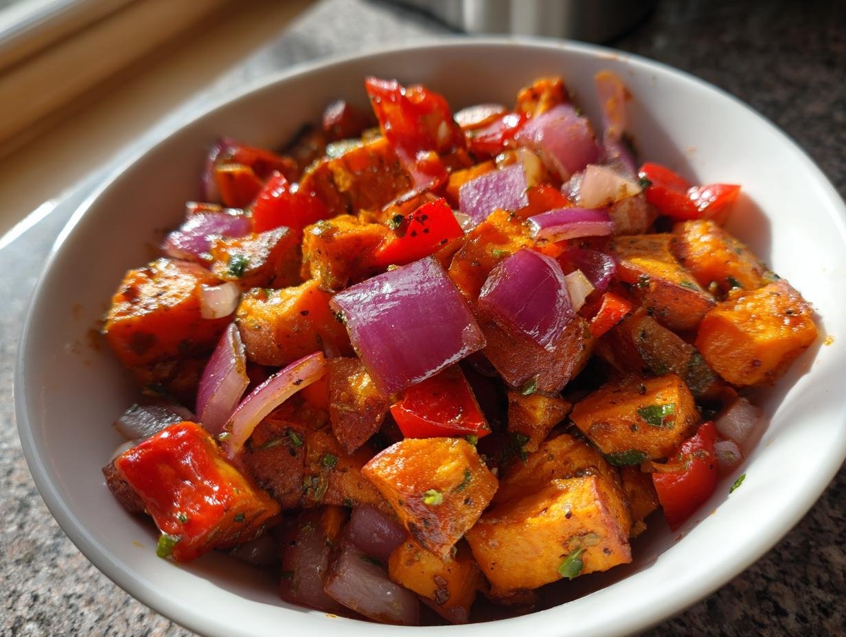 Close-up of a white bowl filled with a colorful and flavorful Tex Mex sweet potato hash, featuring diced sweet potatoes, red onions, and red bell peppers.
