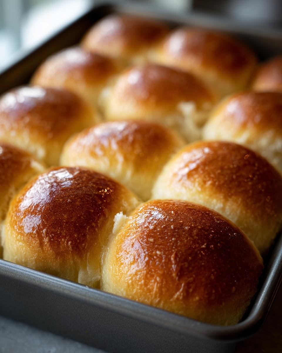 Close-up of a baking pan filled with golden-brown, fluffy, and buttery dinner rolls.