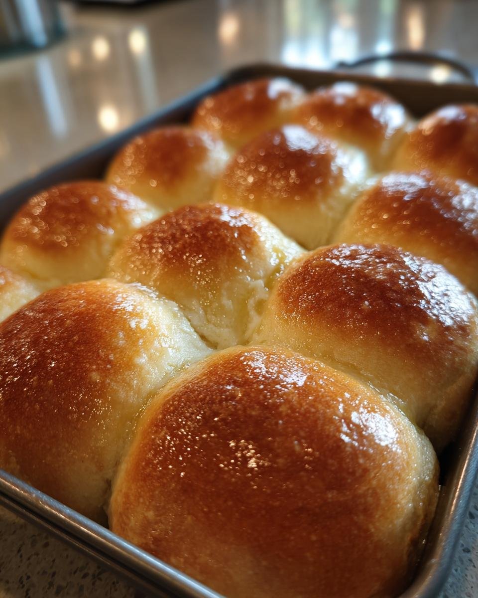 Close-up of a baking pan filled with golden-brown, fluffy, and buttery dinner rolls.