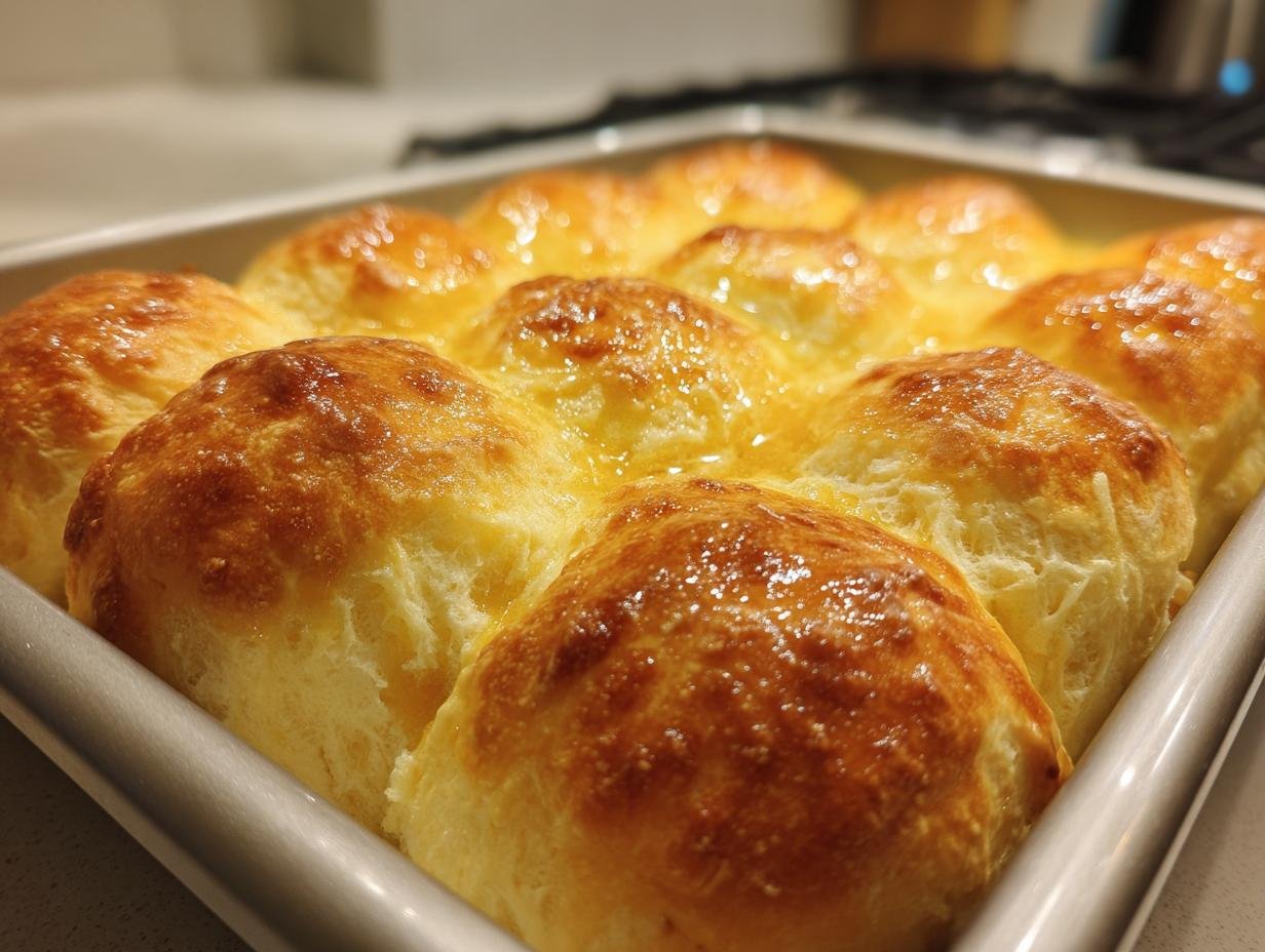 Close-up of golden-brown, fluffy dinner rolls baked in a pan, glistening with butter.