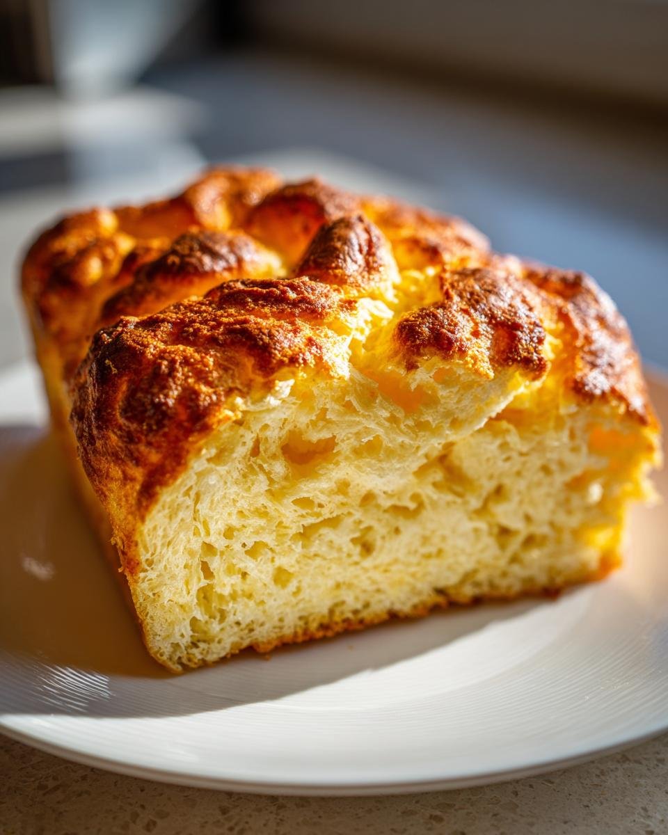 Close-up of a slice of fluffy cottage cheese bread, showcasing its airy texture and golden-brown crust.