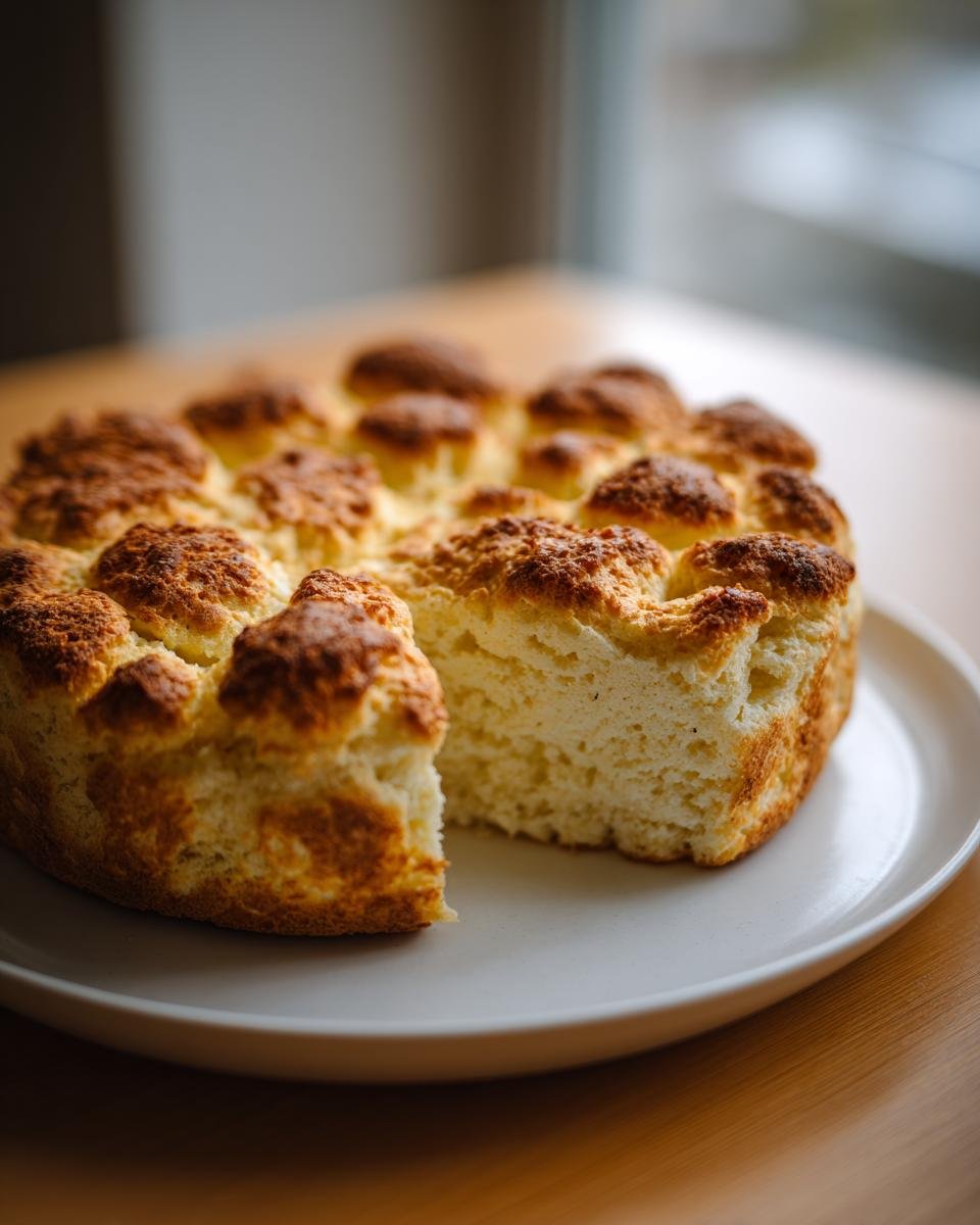 A golden-brown, fluffy cottage cheese cloud bread loaf with a slice removed, showcasing its airy interior.